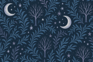 Decorative night forest pattern with moons, trees, and stars in a deep blue background
