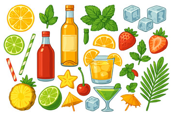 Colorful assortment of tropical fruits, cocktails, and garnishes for refreshing summer drinks