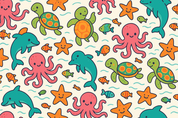 Obraz premium Colorful marine life illustration featuring dolphins, turtles, octopuses, and starfish in a whimsical underwater design