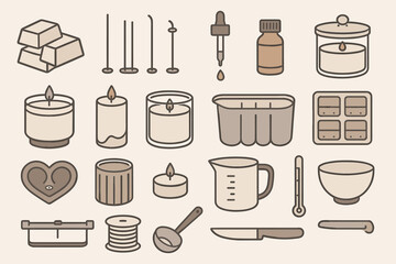 Candle making tools and materials arranged on a light background for crafting enthusiasts