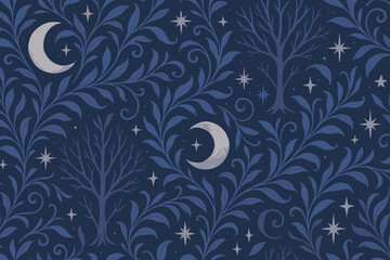 Decorative navy pattern featuring moon and trees with swirling foliage in a mystical forest setting