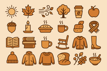 Icons representing autumn activities and seasonal elements in warm colors