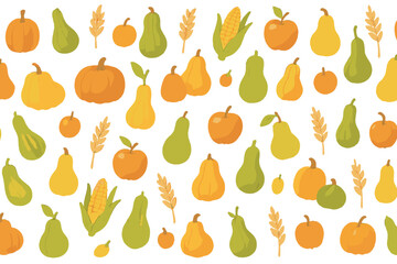 Colorful autumn harvest pattern featuring various fruits and vegetables on a white background