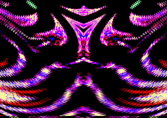 Vibrant zigzag patterns in shades of pink, purple, and red create a symmetrical, abstract design against a black background. The composition suggests movement and dynamic energy