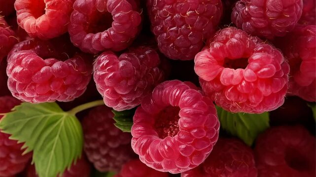 Close-up view of many vibrant red raspberries piled high, showing their texture and a few green leaves for a natural, organic feel.