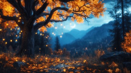 Autumnal enchanted forest with glowing leaves and fairy lights