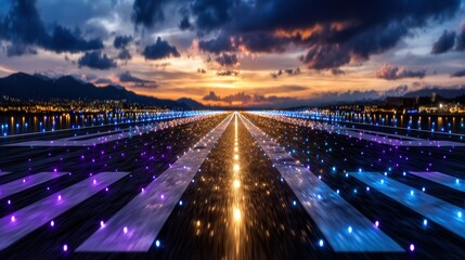Airport runway at sunset. Lit up for landing