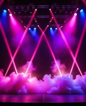 Vibrant concert stage with dramatic pink and purple lighting, illuminated spotlights, LED panels, and smoke effects creating an electrifying party and performance atmosphere

