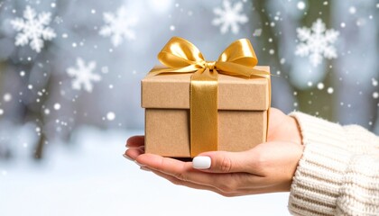 Holding gift box in hands. Christmas gift. Gift box with gold bow. Christmas background with snowflakes and gift.