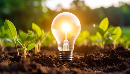 Light bulb on green background. Green energy. Green technology. Alternative source of energy. Bulb in soil. Shining bulb on ground.