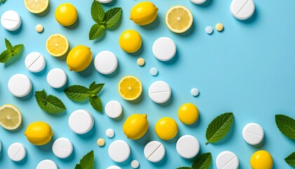 Background with vitamins and pills.  Background with lemons. Vitamin C.