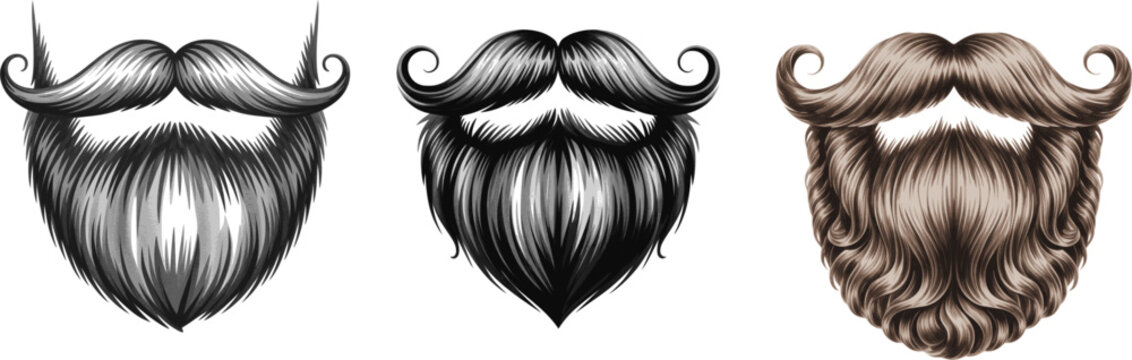 Vintage Curly Mustache and Beard Vector Set &ndash; Retro Facial Hair Illustration for Barbershop, Hipster Style, Grooming, Logo, Design
