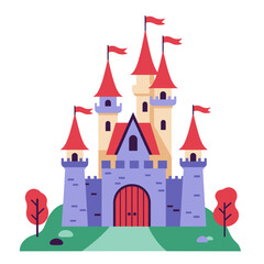 Colorful fairy tale castle with red flags and surrounding trees  