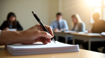 Close-up of a person writing on a stack of white papers with a pen in a classroom setting, representing learning, education, exams, studying, and academic preparation in sunlight

