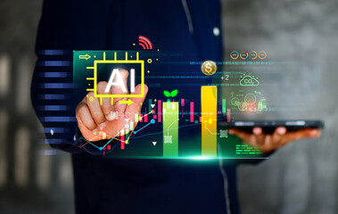 Businessman using the website or software technology AI to help and support work for chatbot, chat...