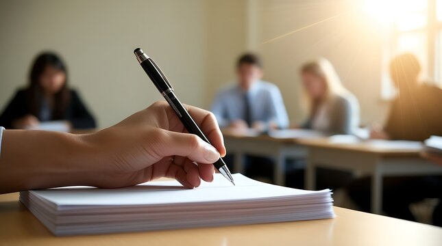 Close-up of a person writing on a stack of white papers with a pen in a classroom setting, representing learning, education, exams, studying, and academic preparation in sunlight

