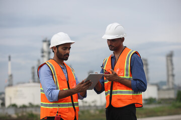 Two Indian industrial engineer wearing orange safety jacket and PPE discussing the maintenance job at site of Refinery and gas petrochemical plant