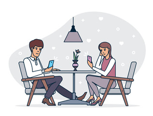 Dating couple browsing smartphones while having romantic dinner in cafe together