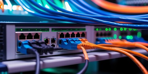 High speed Ethernet cables connected to network switch in modern data center server room, representing fast internet connection, data transfer, cloud computing, and IT infrastructure

