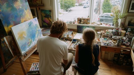 Creative painting session between an artist and a child in a bright studio filled with art supplies and canvases