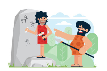 Two cartoon cavemen create primitive cave drawings on a large rock, representing early human history, prehistoric art, and ancient storytelling vector illustration