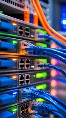 High speed Ethernet cables connected to network switch in modern data center server room, representing fast internet connection, data transfer, cloud computing, and IT infrastructure

