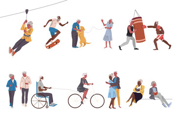 Set of vector illustrations of diverse senior people doing various leisure activities after retirement