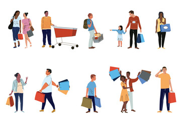 Shoppers flat vector characters set. Buyers with purchases, consumers buying products isolated cliparts pack on white background. Cartoon people holding paper shopping bags illustrations