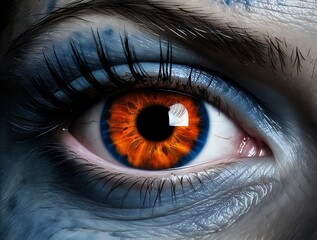 Close-up of a human eye with a striking orange and blue iris, surrounded by detailed skin texture and dramatic lighting, creating a surreal and intense visual atmosphere

