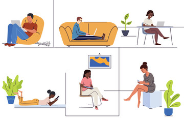Fototapeta premium Young people using gadgets at home flat vector illustrations set. Freelancer working remote. Women and men chatting online with smartphones and laptops. Freelance workers cartoon characters