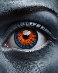 Close-up of a human eye with a striking orange and blue iris, surrounded by detailed skin texture and dramatic lighting, creating a surreal and intense visual atmosphere

