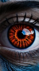 Close-up of a human eye with a striking orange and blue iris, surrounded by detailed skin texture and dramatic lighting, creating a surreal and intense visual atmosphere

