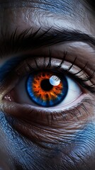 Close-up of a human eye with a striking orange and blue iris, surrounded by detailed skin texture and dramatic lighting, creating a surreal and intense visual atmosphere

