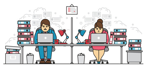 Hard working employees, man and woman, in office character business flat line vector illustration concept. Coworkers sitting nonstop with laptop at desk littered with bunch of document folders