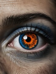 Close-up of a human eye with a striking orange and blue iris, surrounded by detailed skin texture and dramatic lighting, creating a surreal and intense visual atmosphere

