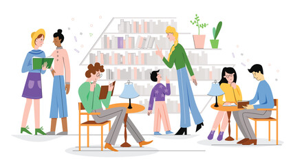 People in traditional library character flat line vector illustration concept. Familiar comfortable library interior, atmosphere, shelves with many books, men and women reading literature.