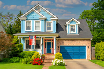 An American suburban blue house with a garage and an American flag hanging.
