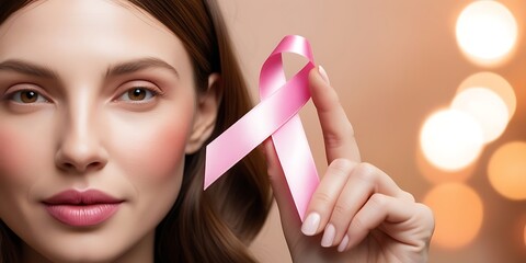 Close up portrait of a young woman holding a pink ribbon symbolizing breast cancer awareness, hope, support, prevention, health care, solidarity, strength, and empowerment

