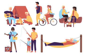 Fototapeta premium Travelling active tourists character flat isolated on white background set. Men, women in pair and alone in camp near campfire, fishing with boy, ride bicycle, lay in hammok.