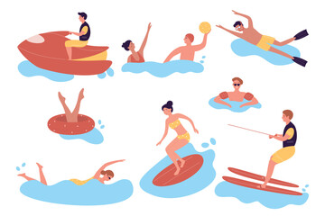 Fototapeta premium Cartoon active people doing extreme water sports, playing games, diving, surfing, riding water scooter in sea vector illustration