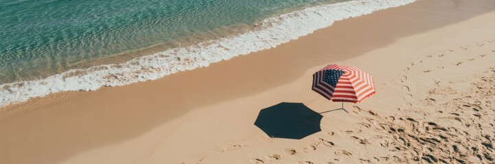 Independence day americana beach with a red white and blue umbrella.