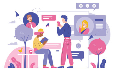 People chatting by gadgets in social network flat vector illustration. Online communication, business chat bubbles, love messenger, profile page, social media and digital marketing concept