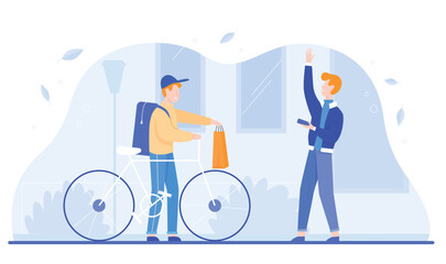 Delivery food vector illustration. Cartoon boy deliveryman courier character delivers bag on bike, client ordering food via mobile app. Flat fast express delivering service business isolated on white