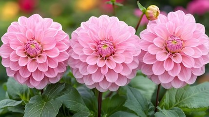 Three Pink Dahlia Flowers Close Up Bloom Garden