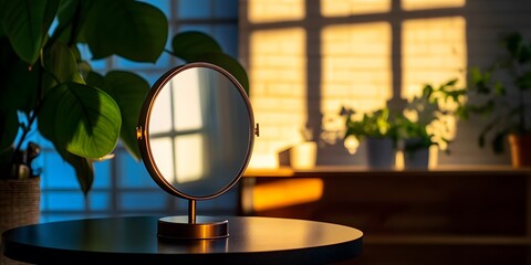 Stylish Bronze Round Mirror on Table with Plants and Sunlight