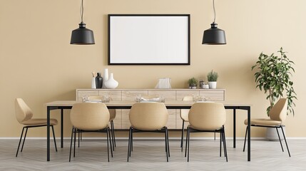 Beige dining room with black metal chairs and pendant lights.