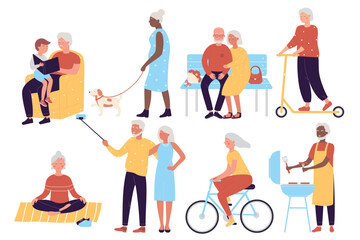 Multiracial old active social people character flat vector illustration set isolated on white background. Positive men and women with child, pet, in pair, do yoga, ride scooter, bike, grill sausage