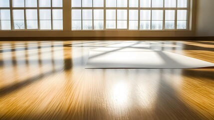 Sunlight Streaming Through Large Windows onto Hardwood Floor with Blank Paper