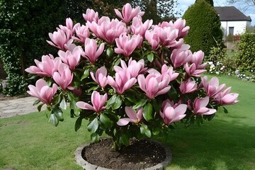 Stunning Pink Magnolia Tree in Full Bloom, Lush Garden Setting