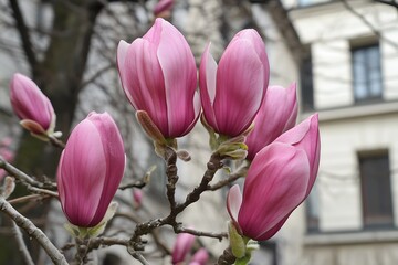 Closeup Pink Magnolia Blossoms Spring Flowers